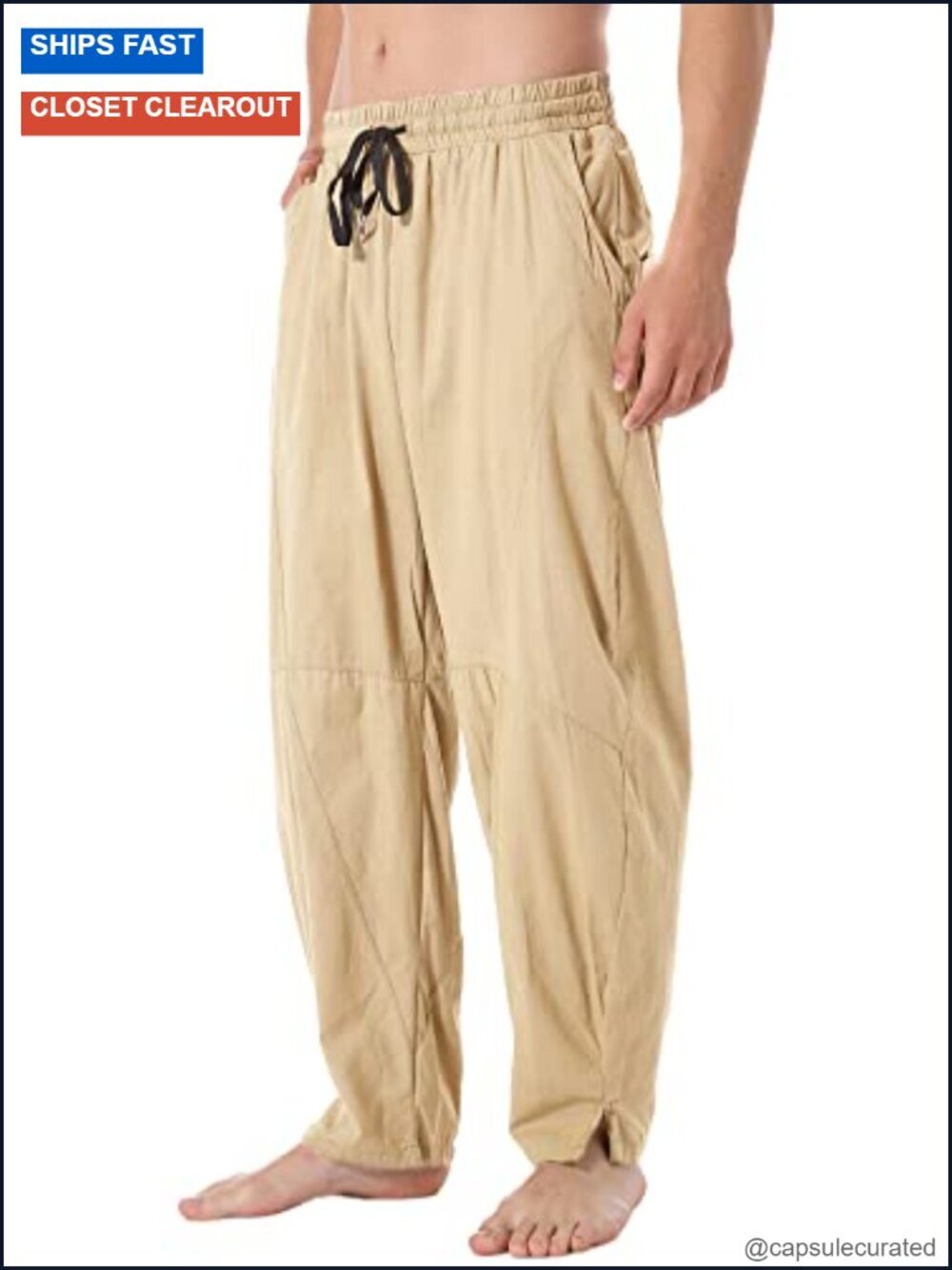Cotton Linen Casual Pants Elastic Waist Drawstring Loose Fit Summer Beach